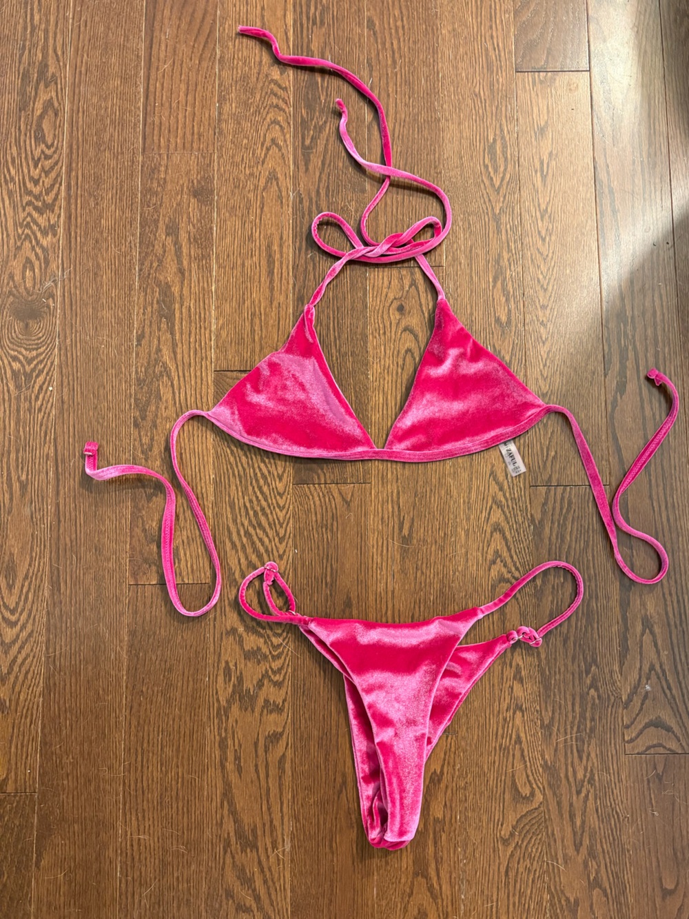 Zaful Hot Pink Velvet Triangle String Bikini